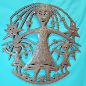Girls with Braids and Bows - Haitian Metal Sculpture by Jonas
