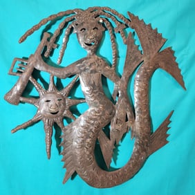 Mermaid with Trumpet  - Haitian Metal Sculpture by Jonas