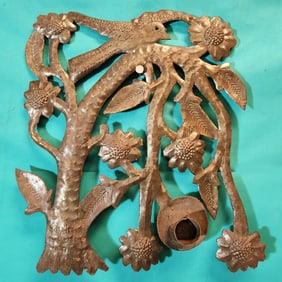 Flower Bush with Bird - Haitian Metal Sculpture by Michele Marcelus