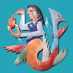 Mermaid Holding Apple - Haitian Metal Sculpture by Metellus