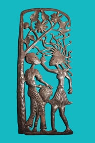 Man and Woman with Drum - Haitian Metal Sculpture by Jean Sylvestre