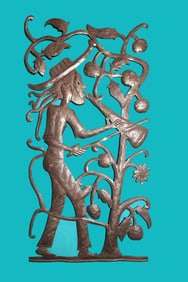 Man with Horn Under Apple Tree - Haitian Metal Sculpture by Jean Sylvestre