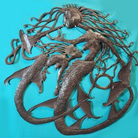 Feeding Young while Playing Trumpet - Haitian Metal Sculpture by Jean Sylvestre