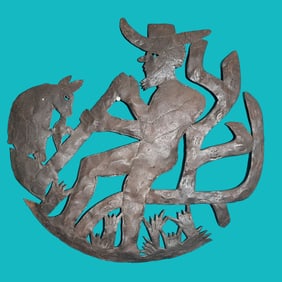 Cowboy with Armadillo - Haitian Metal Sculpture by Unknown Artist