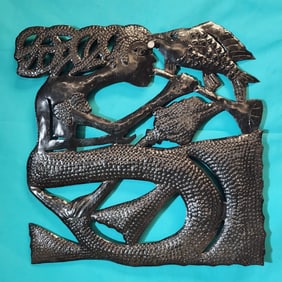 Mermaid with Fish Playing Horn - Haitian Metal Sculpture by Unknown Artist