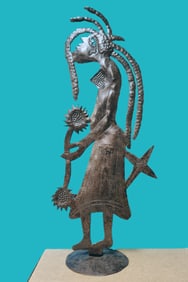 Girl Holding Flowers - Haitian Metal Sculpture by Unknown Artist