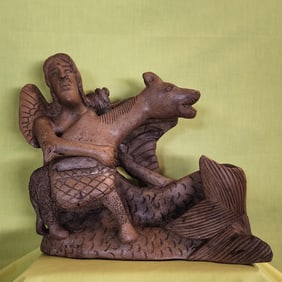 A Mermaid and Its Pet - Haitian Wood Carving by Joseph Nacius