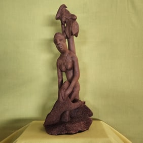 Woman with Lamb Under Tree - Haitian Wood Carving by Joseph Nacius