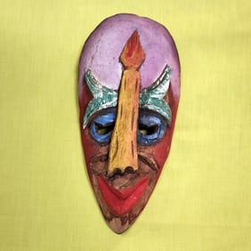 Colorful Mask with Candle - Haitian Wood Carving by R.D.