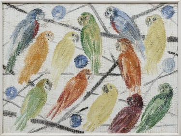 Color Parrots With Blue Circles - Painting  by Hunt Slonem