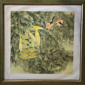 Yellow Heliconia with Birds - Chinese Watercolor by Yitao Liu