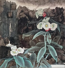 White Costus Flowers - Chinese Watercolor by Yitao Liu