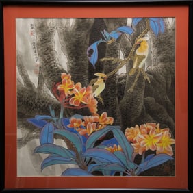 Plumeria and Birds  - Chinese Watercolor by  Yitao Liu