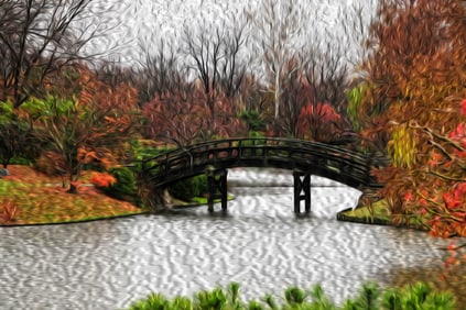 Arch Bridge and Fall Foliage in Japanese Garden Painting ( framed) - Metal Print by Glenn Stokes