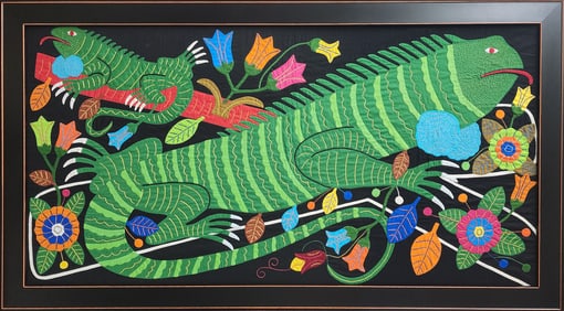 Iguanas and Flowers - Mola Art by Kuna Women from the San Blas Islands