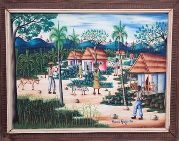 Haitian Painting with a courtyard depiction by Franck Augustine