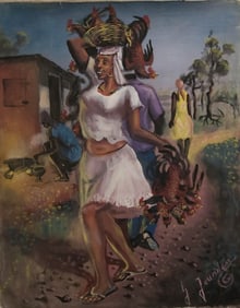 Woman and Roosters by Guy Jourdan