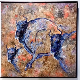 Original Blue Bulls Painting by Rosario Amaya Rodrigo