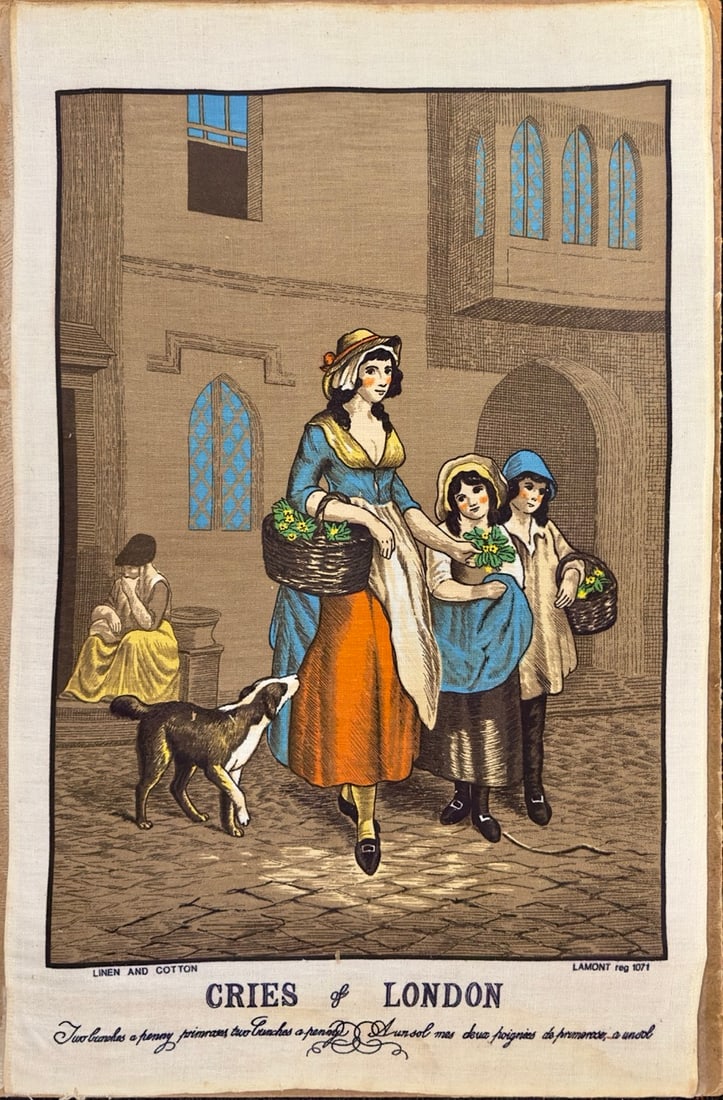 Two Bunches a Penny, Primroses by Francis Wheatley: Two Bunches a Penny, Primroses, Cries of London by Francis Wheatleyis a vintage tea towel made of linen and cotton in great condition. Manufactured by Lamont. Measures 24 x 16 in.