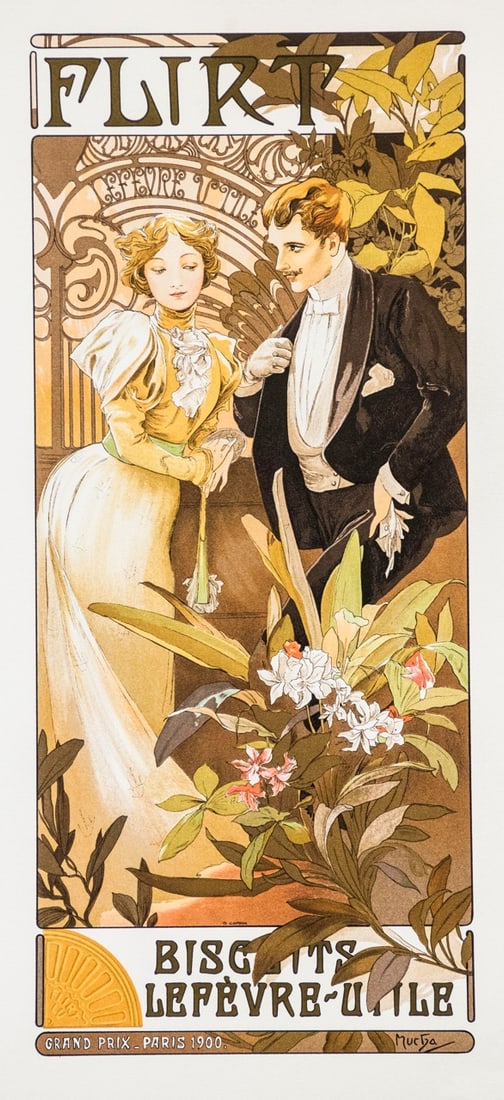 Flirt LeFevre Utile by Alphonse Mucha: Flirt LeFevre Utile by Alphonse Muchais a Fine Art hand pulled Lithograph. LeFevre Utile commissioned Mucha to create most of their advertisements. The subtle interaction between the man and woman in
