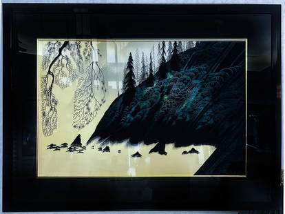 Eyvind Earle Spruce, Redwood and Pine: Immerse yourself in the majestic beauty of Spruce, Redwood and Pine, an original serigraph by the iconic Eyvind Earle, celebrated for his vibrant, poetic landscapes and distinctive modernist style.