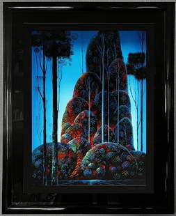 Tall Tress Black Delux by Eyvind Earle: Experience the striking allure of Tall Trees Black Deluxe, an original serigraph by the visionary Eyvind Earle, celebrated for his bold, poetic landscapes and distinctive modernist flair. Hand-signed