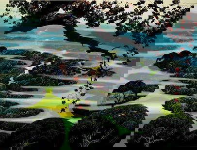 Mystic Mountain by Eyvind Earle: Delve into the enchanting splendor of Mystic Mountain, an original serigraph by the legendary Eyvind Earle, renowned for his vibrant, dreamlike landscapes and unparalleled modernist vision.