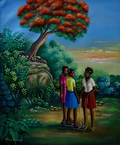 Original Haitian Painting -Jumping Rope under the Flamboyant Tree   by Wilhem Berrouet