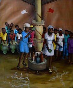 Original Haitian Painting -Playing Music During a Ceremony   by Wilhem Berrouet