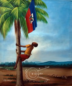Original Haitian Painting -Haitian Flag with Veve and Boy Climbing Tree   by Wilhem Berrouet
