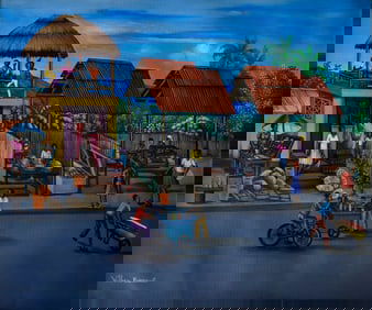 Original Haitian Painting -Shopping at Outdoor Market   by Wilhem Berrouet