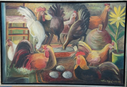Original Haitian Painting -Chickens (1965)   by Wilson Bigaud