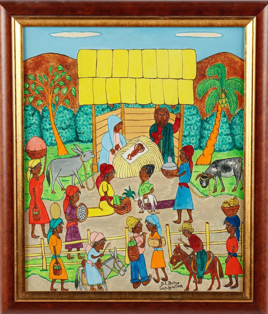 Original Haitian Painting -The Nativity by Seymour Etienne Bottex: Original Haitian Painting -The Nativity by Seymour Etienne Bottex-Framed, Oil on Board