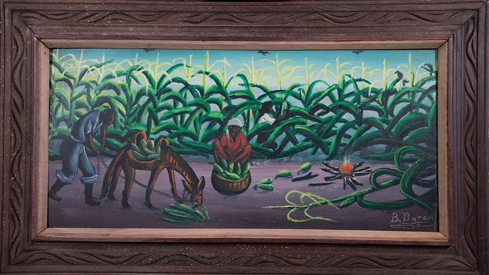 Original Haitian Painting -Harvesting Corn by Bourmond Byron: Original Haitian Painting -Harvesting Corn by Bourmond Byron-Framed, Oil on Masonite