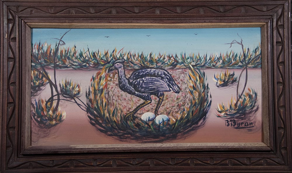 Original Haitian Painting -Bird in a Nest With Two Eggs by Bourmond Byron: Original Haitian Painting -Bird in a Nest With Two Eggs by Bourmond Byron-Framed, Oil on Masonite