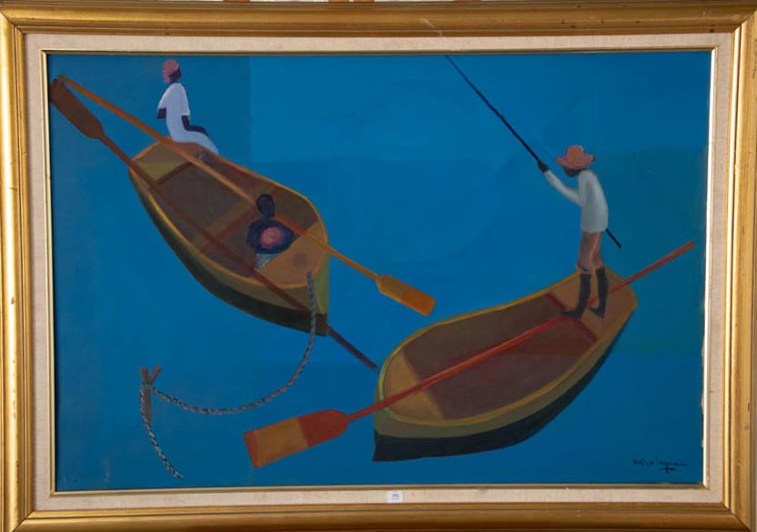Original Haitian Painting -Fisherman by Henry Calixte: Original Haitian Painting -Fisherman by Henry Calixte-Framed, Oil on Canvas