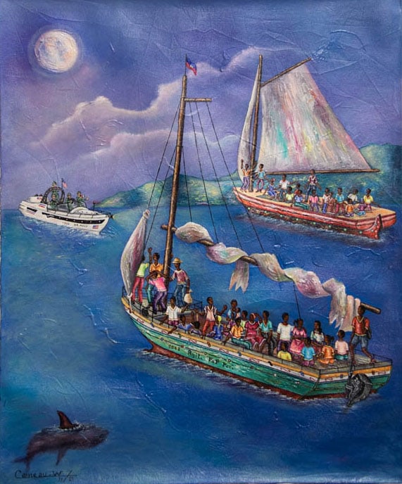 Original Haitian Painting -Military Boats and Shark by Widson Cameau: Original Haitian Painting -Military Boats and Shark by Widson Cameau-No Frame, Not Stretched, Acrylic on Canvas