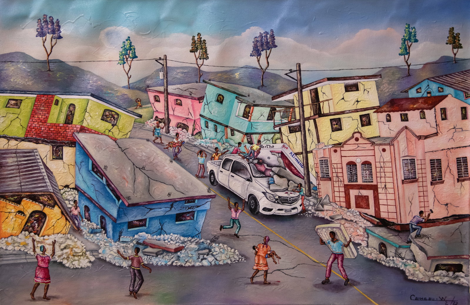 Original Haitian Painting -Earthquake by Widson Cameau: Original Haitian Painting -Earthquake by Widson Cameau-No Frame, Not Stretched, Acrylic on Canvas