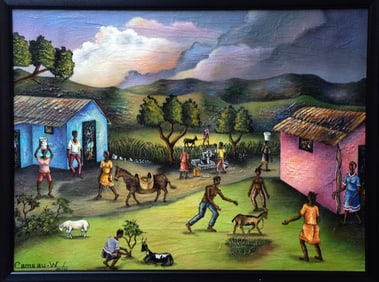 Original Haitian Painting -Village Under Colorful Sky by Widson Cameau