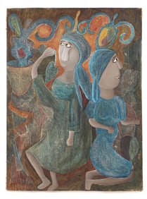 Original Haitian Painting -Ceremonie 1989 (Ladies in Blue and Green Dresses)   by Ermistral Charles