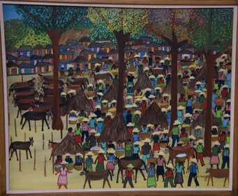Original Haitian Painting -People In White Hats Beneath The Trees   by Etienne Chavannes