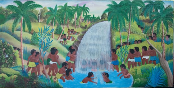Original Haitian Painting -Haitian Natives Bathing in Waterfall   by J.R. Chery