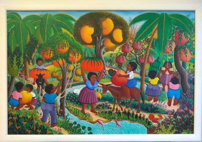Original Haitian Painting -River Landscape with Children Picking Fruit   by J.R. Chery