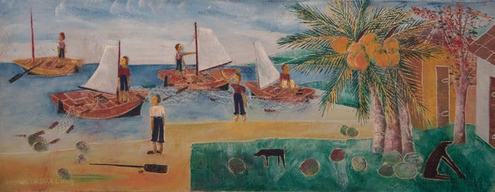 Original Haitian Painting -Fishermen by Seashore   by Nicolas Dreux