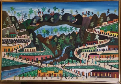 Original Haitian Painting -Surrealist Cityscape with Figures   by Prefete Duffaut