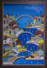 Original Haitian Painting -Four Bridges Over the River Prefete Duffaut