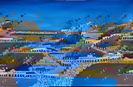 Original Haitian Painting -Cityscape with Mountainous Landscape Prefete Duffaut