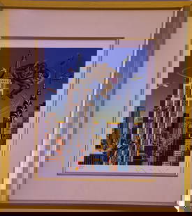 Four Cities - New York by Hiro Yamagata: A whimsical hand-signed serigraph, signed by the internationally recognized and acclaimed artist, Hiro Yamagata, measuring approximately 18" x 15". This unusual and complex work of art features King K