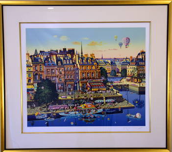 Marriage by Hiro Yamagata: A wonderful and colorful limited-edition serigraph, signed by the internationally acclaimed and recognized artist, Hiro Yamagata. The artist lovingly portrays a scene of well wishers at a Parisian wed