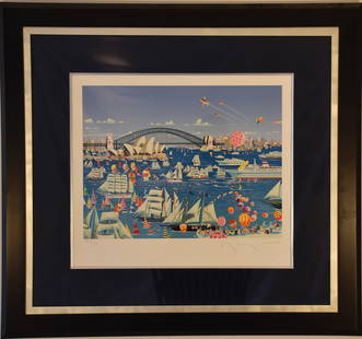 Boat Parade by Hiro Yamagata: A wonderful and colorful serigraph, hand signed by the internationally known artist, Hiro Yamagata. This unique serigraph features a boat parade and will add much color to the wall where it will be pl